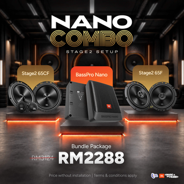 JBL Nano Combo (Stage2 Setup) - Full Car Audio Upgrade Bundle | Stage2 65CF Component + Stage2 65F Coaxial + BassPro NANO Underseat Subwoofer